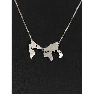 World Map Necklace Silver Tone Brushed Australia Charm Travel 19"
